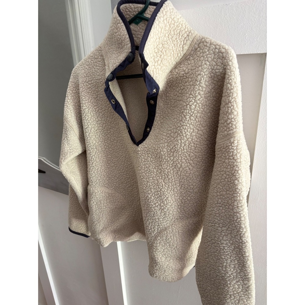 J. Crew Vintage Fleece Sherpa Snap Mock Neck Pullover Cream Navy XS